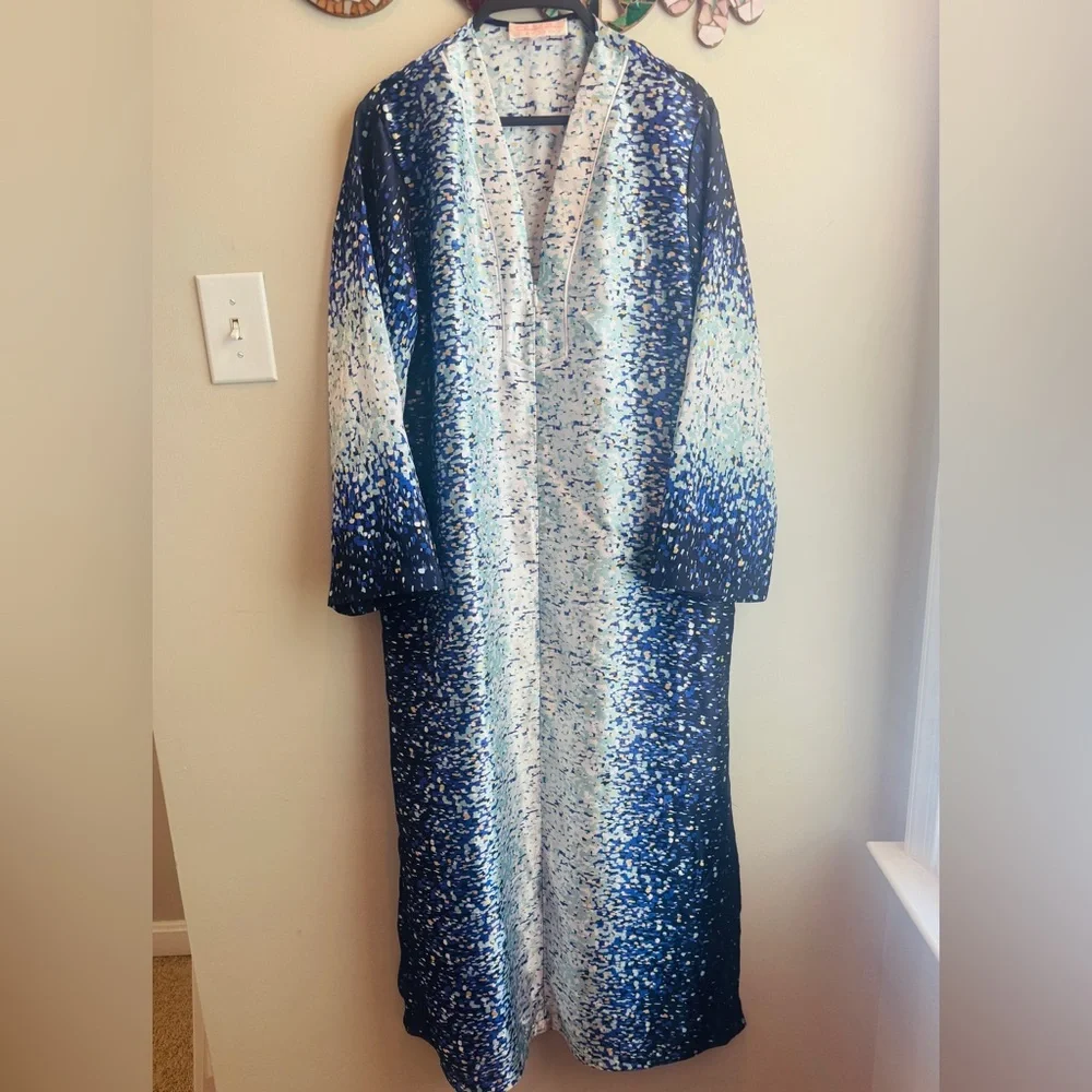Oscar‎ de la Renta Pink Label Blue White Zip Nightgown Robe Size Large